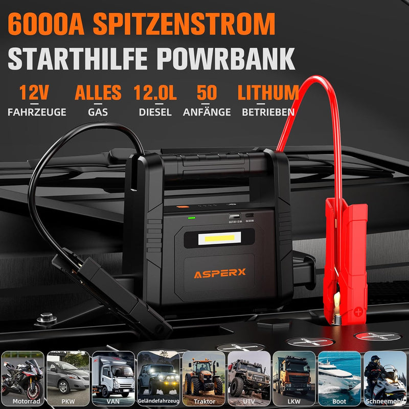 ASPERX 6000A Starthilfe Powerbank - Tragbare Auto Starthilfe für 12V Fahrzeuge (bis zu Alle Benzin o