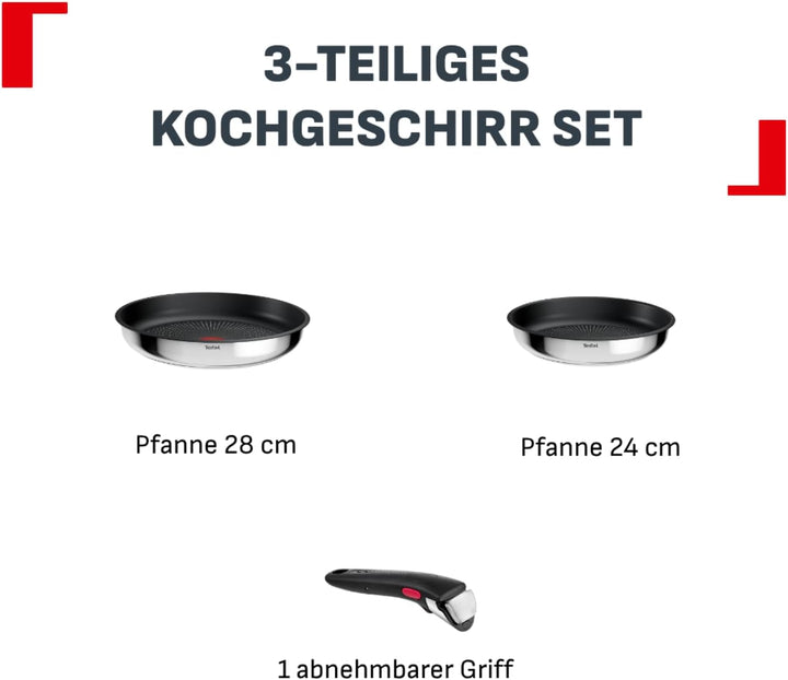 Tefal Ingenio Comfort Max 3-tlg. Pfannen-Set, Titanium Antihaftversiegelung, stapelbar, platzsparend