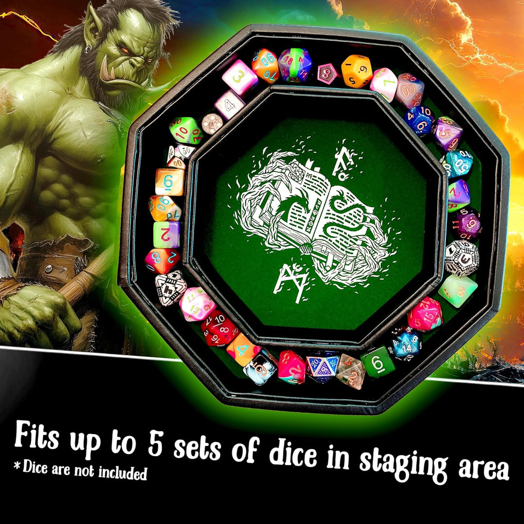 Fantasydice Green Fire Dragon Dice Tray with Wizard Book Print – 23CM Octagon with Dice Staging Area