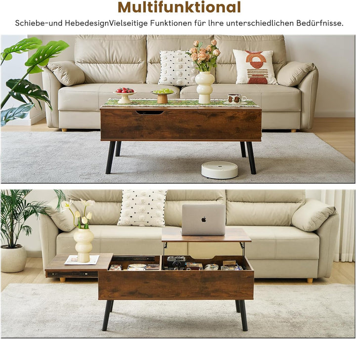 JanflyHome Couchtisch Höhenverstellbar, Couchtisch mit Stauraum, Schiebeplatte, 2 Separates Versteck