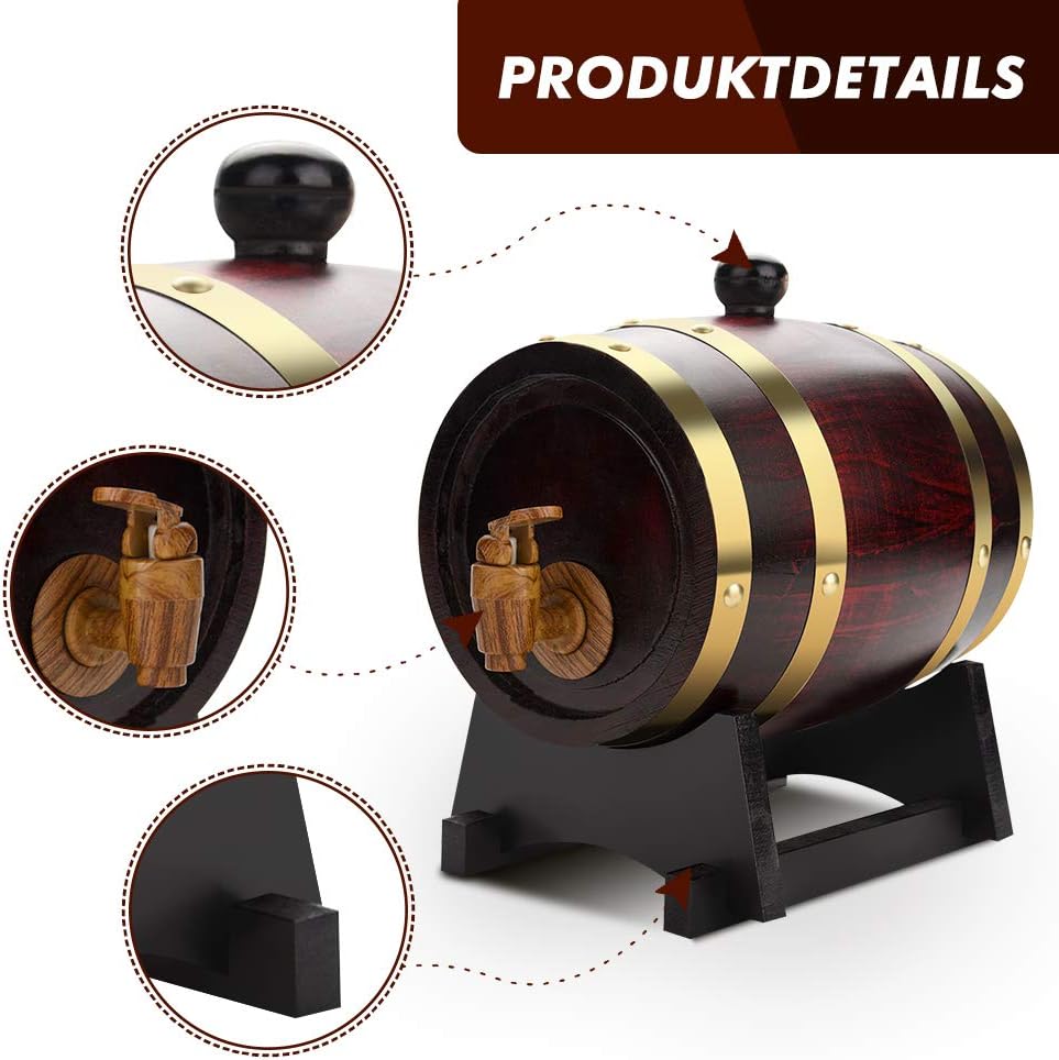 lyrlody Eichenfass, 1.5L Rumfass Whiskyfass Weinfass mit Zapfhahn Holzfass für Bier Whisky Rum Fass,