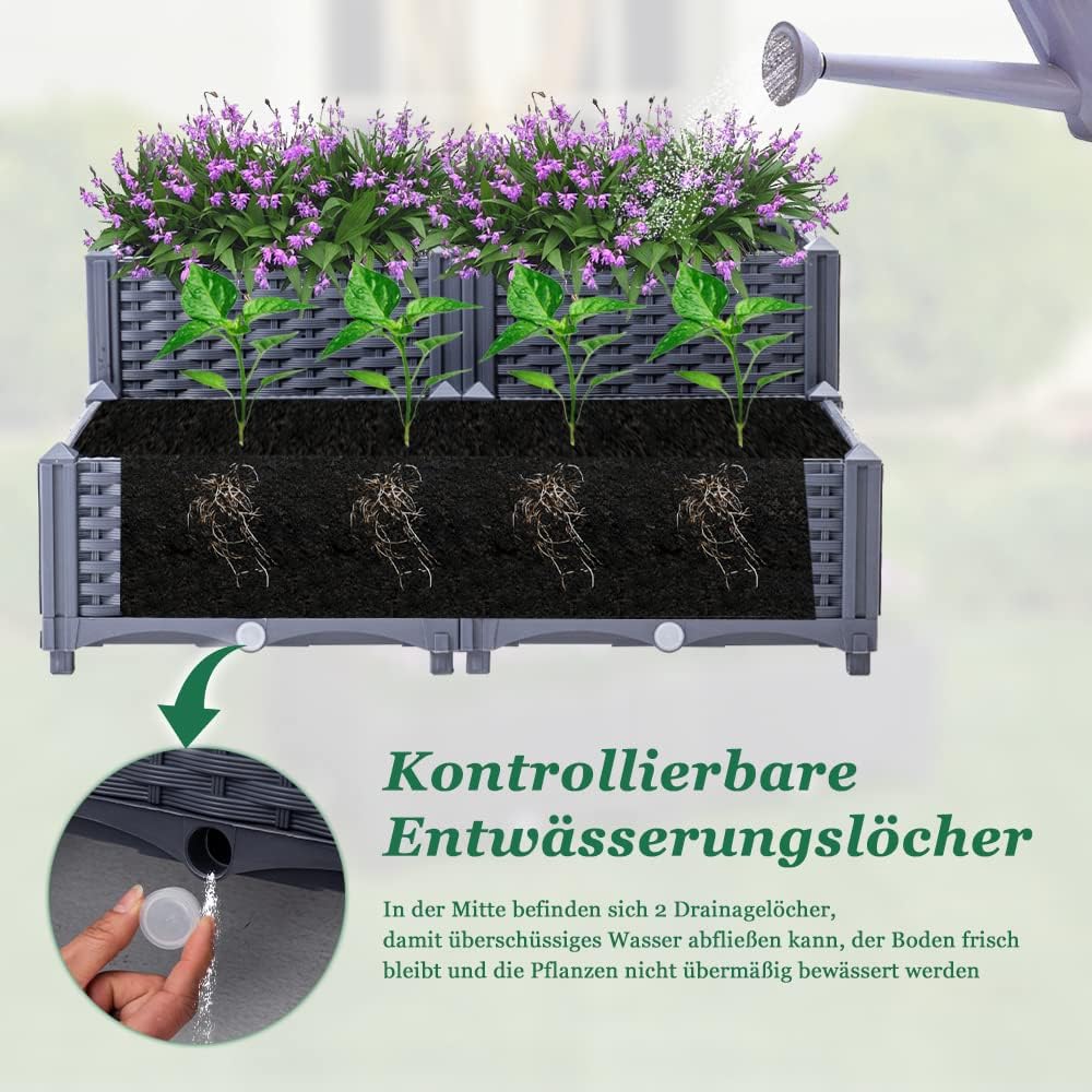 Mingone Blumenkasten Rattan Optik Blumentopf aus Kunststoff Blumenkasten Balkonkasten mit Wasserspei