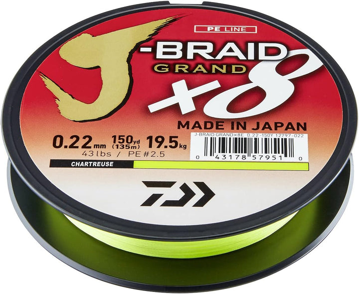 Daiwa J-Braid Grand x8E, 1350m, Chartreuse, Geflochtene Angelschnur 1350m/0.24mm, 1350m/0.24mm
