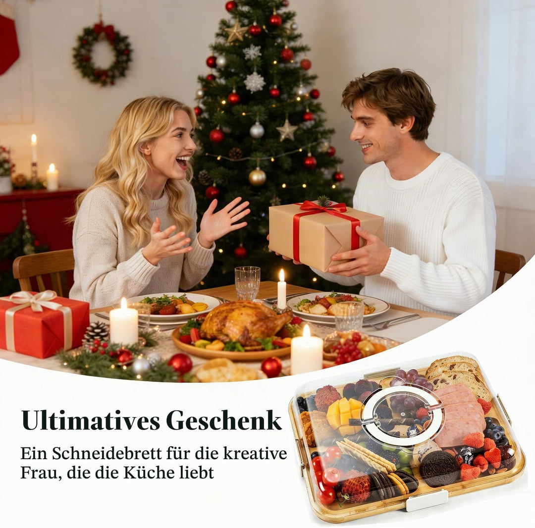 Charcuterie-Bretter mit Deckel und Griff, tragbares Bambus-Käsebrett mit 6 Fächern, Serviertablett f