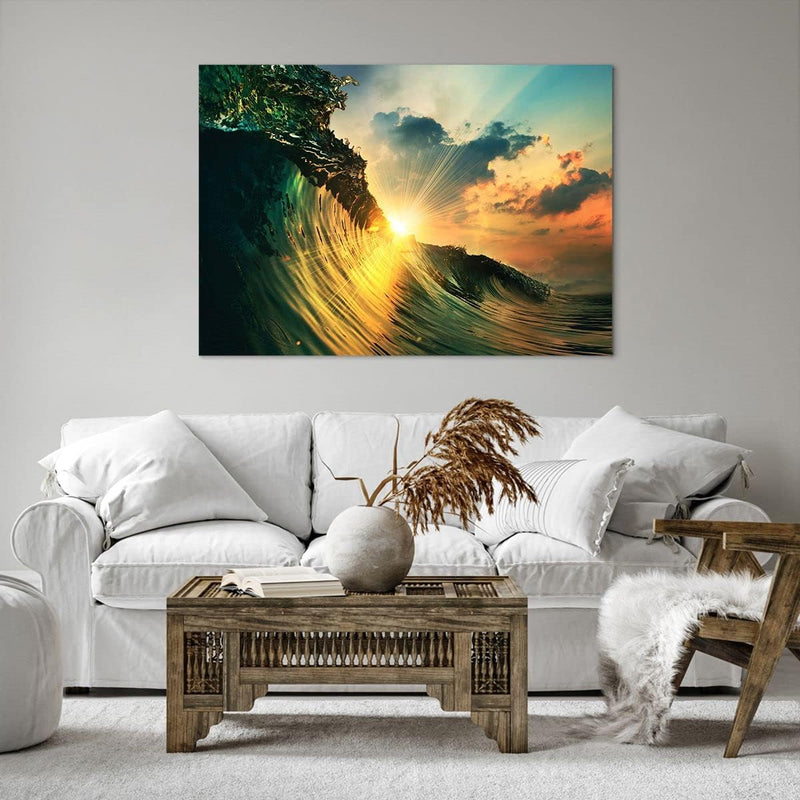 Bilder auf Leinwand 100x70cm Leinwandbild mit Rahmen Meer Welle Wasser Gross Wanddeko Bild Schlafzim