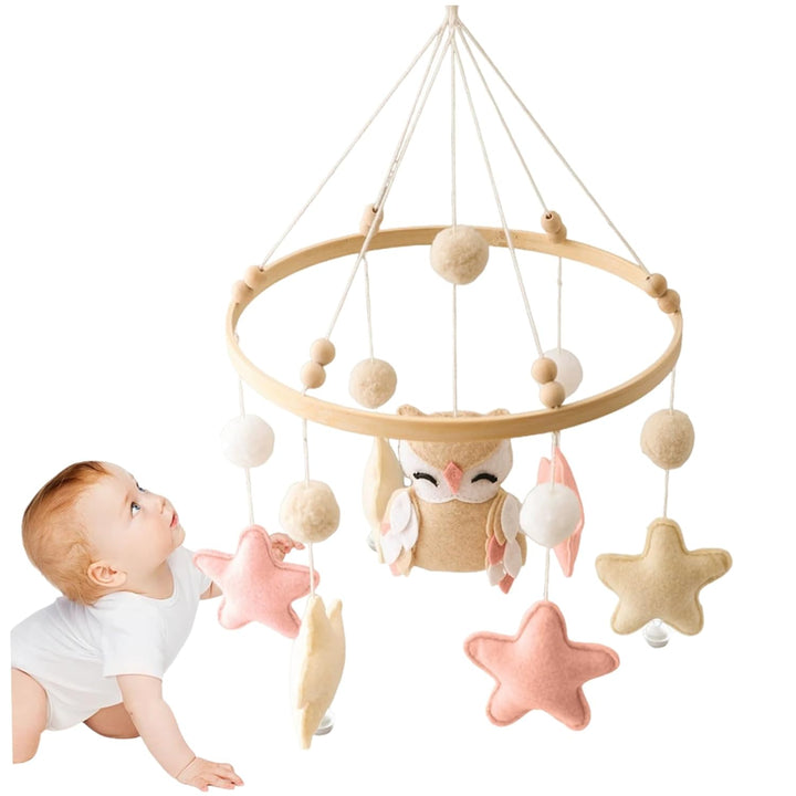 Baby-Mobile für das Kinderbett, hölzernes Babybett-Mobile mit Filzkugeln, Eule und Stern, Bettglocke
