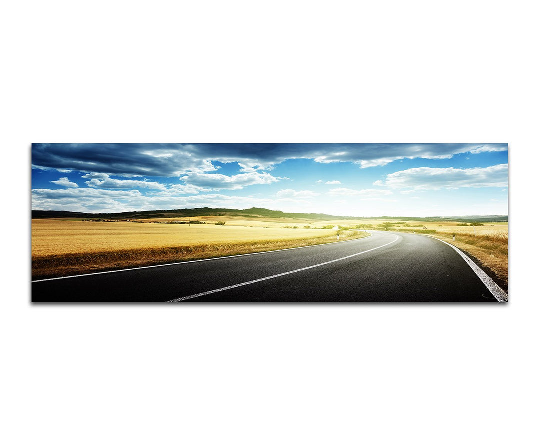 Paul Sinus Art Panoramabild auf Leinwand und Keilrahmen 120x40cm Toskana Landschaft Strasse Wolkenhi