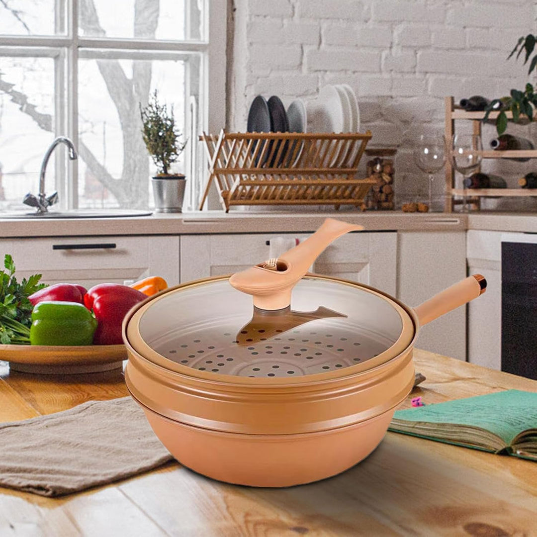 Kongou Antihaft Wok Mit Deckel, 32cm Wok Induktion Mit Dampfgarer, Stir-Fry Wok Energie Konzentriere