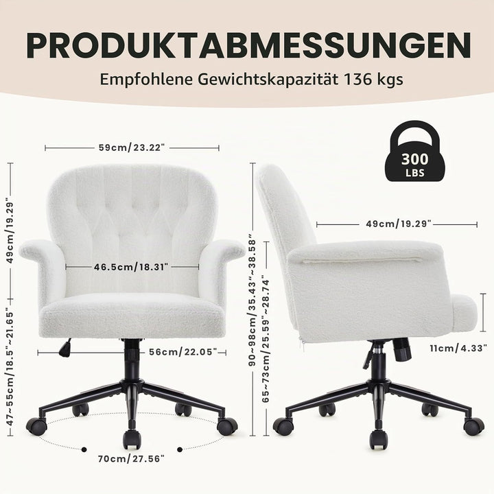 IWMH Schreibtischstuhl, Teddyfell Drehstuhl mit Rollen und Armlehnen, Moderner Höhenverstellbar Home