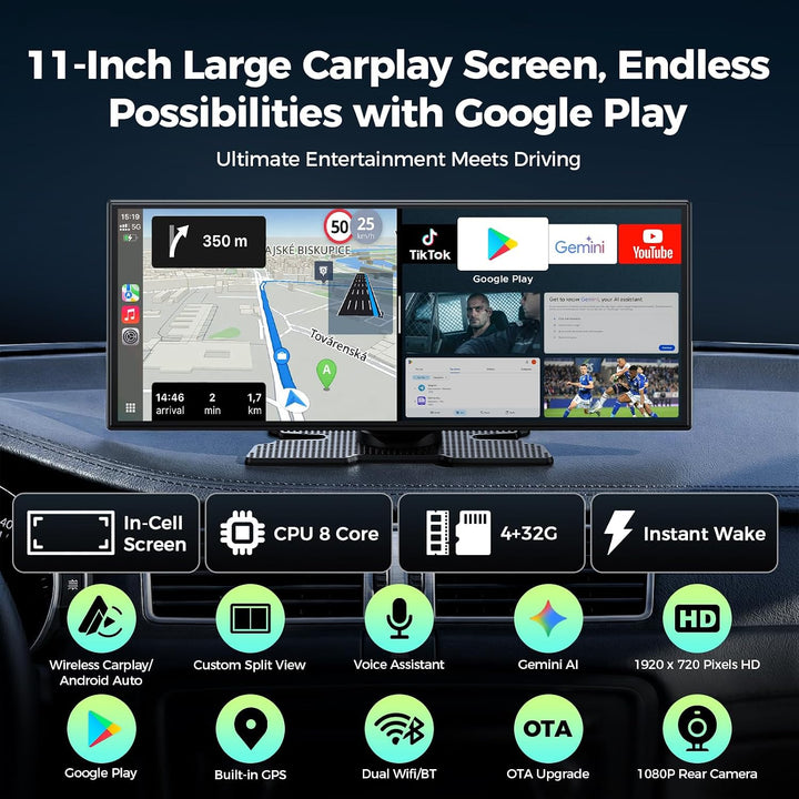 LAMTTO 11 Zoll Wireless CarPlay Android Auto Display mit Gemini AI Android 15 Autoradio 8-Kern 4+64G