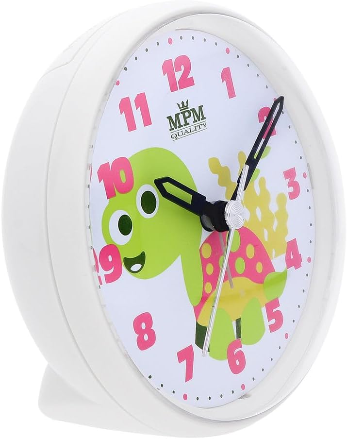 MPM Quality Design Kinder Wecker aus Kunststoff, Rosa/Weiss, Motiv Schildkröte, Quarz-Uhrwerk Sweep,