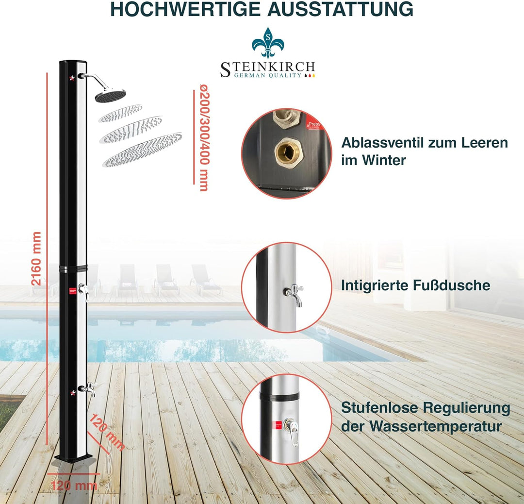 Steinkirch Solar Gartendusche 35L mit Edelstahl Duschkopf Ø 400 mm Pooldusche Campingdusche Aussendu