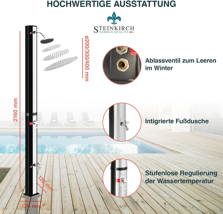 Steinkirch Solar Gartendusche 35L mit Edelstahl Duschkopf Ø 400 mm Pooldusche Campingdusche Aussendu