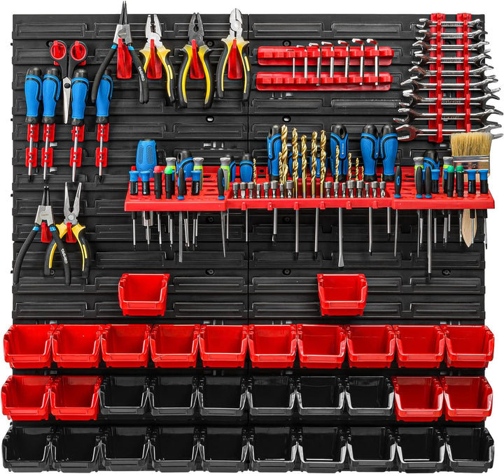 Lagersystem Werkstattregal | 78 x 78 cm | 32 stck. Box | Wandregal mit Werkzeughalterungen und Stape