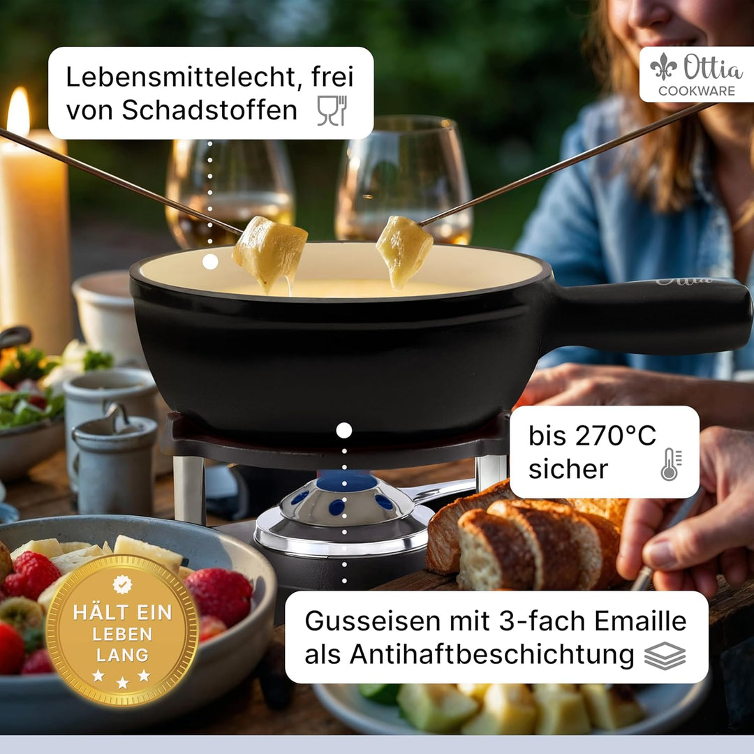 Ottia Gusseisen Fondue Set für 2, 3, 4, 5, 6 Personen, 3-lagige Emaille, Schadstofffrei, 10-teilig m