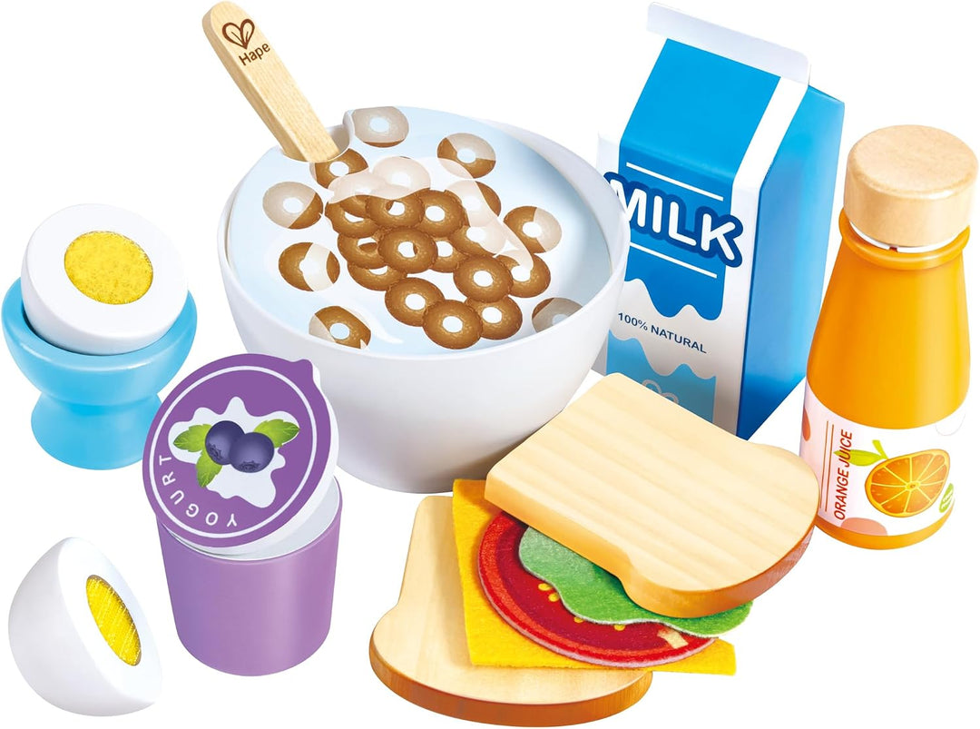 Hape Frühstücks-Set - Küchen-Fantasiespiel mit Frühstückszubehör, Holz Lebensmittel Spielzeug für Ki