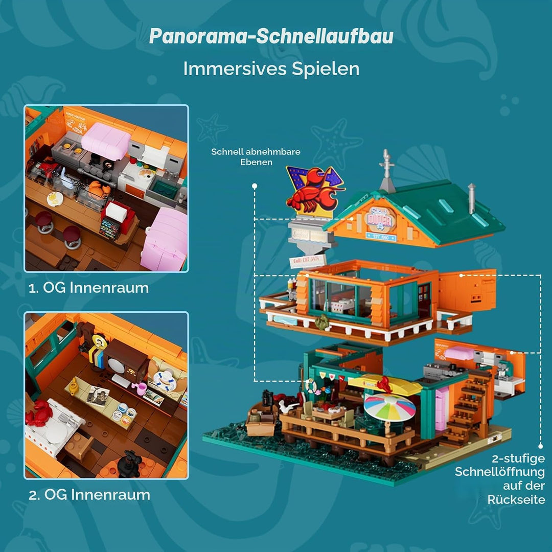 LUMIBRICKS Küsten-Seafood-Restaurant Beleuchtetes Klemmbaustein-Set, 2484 Teile Retro-Strandrestaura