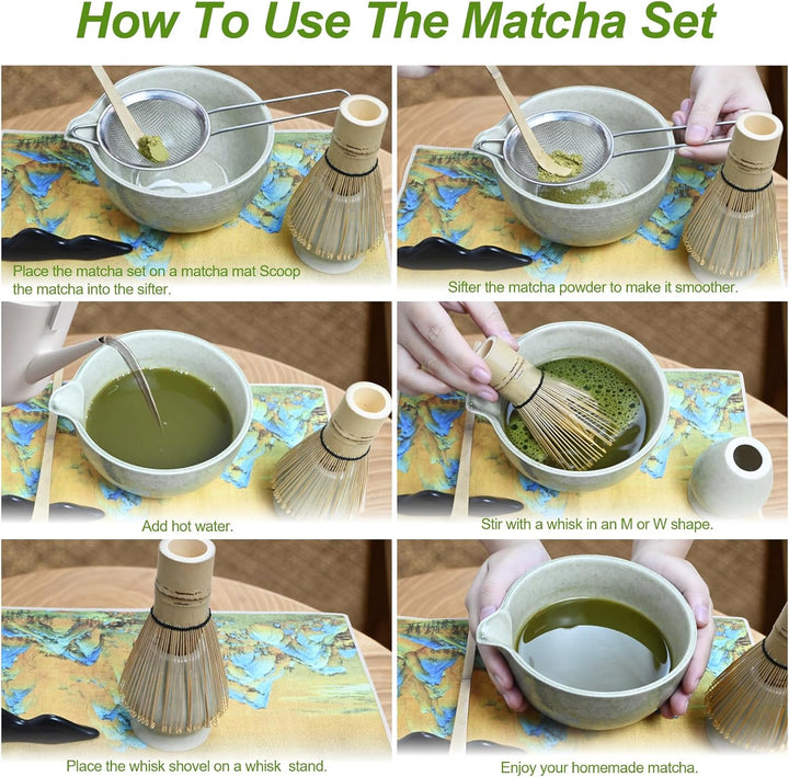 Matcha Set, Stück Macha Tea Set mit Matcha Filtersieb, Matcha-Besen, Matcha Schale, Matcha Löffel Te