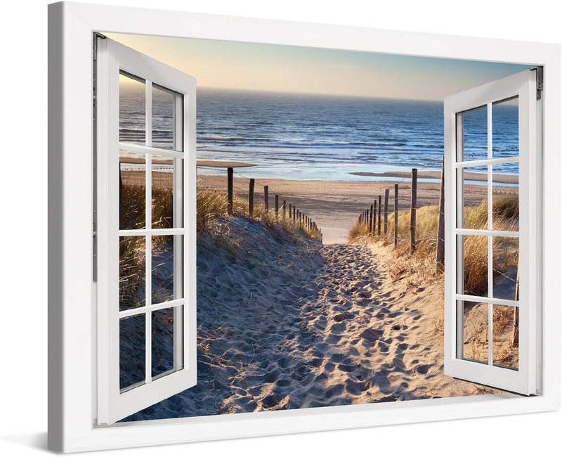 PICANOVA – Bild auf Leinwand Weg zum Meer Fenster 60x40cm – Leinwandbild – Premium Leinwanddruck – W