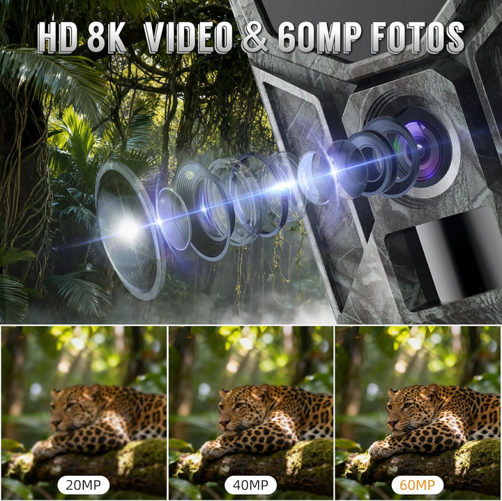 8K Solar-Wildkamera mit unbegrenzter kostenloser App, 7800mAh Akku, 850nm Nachtsicht, 0,1S Bewegungs