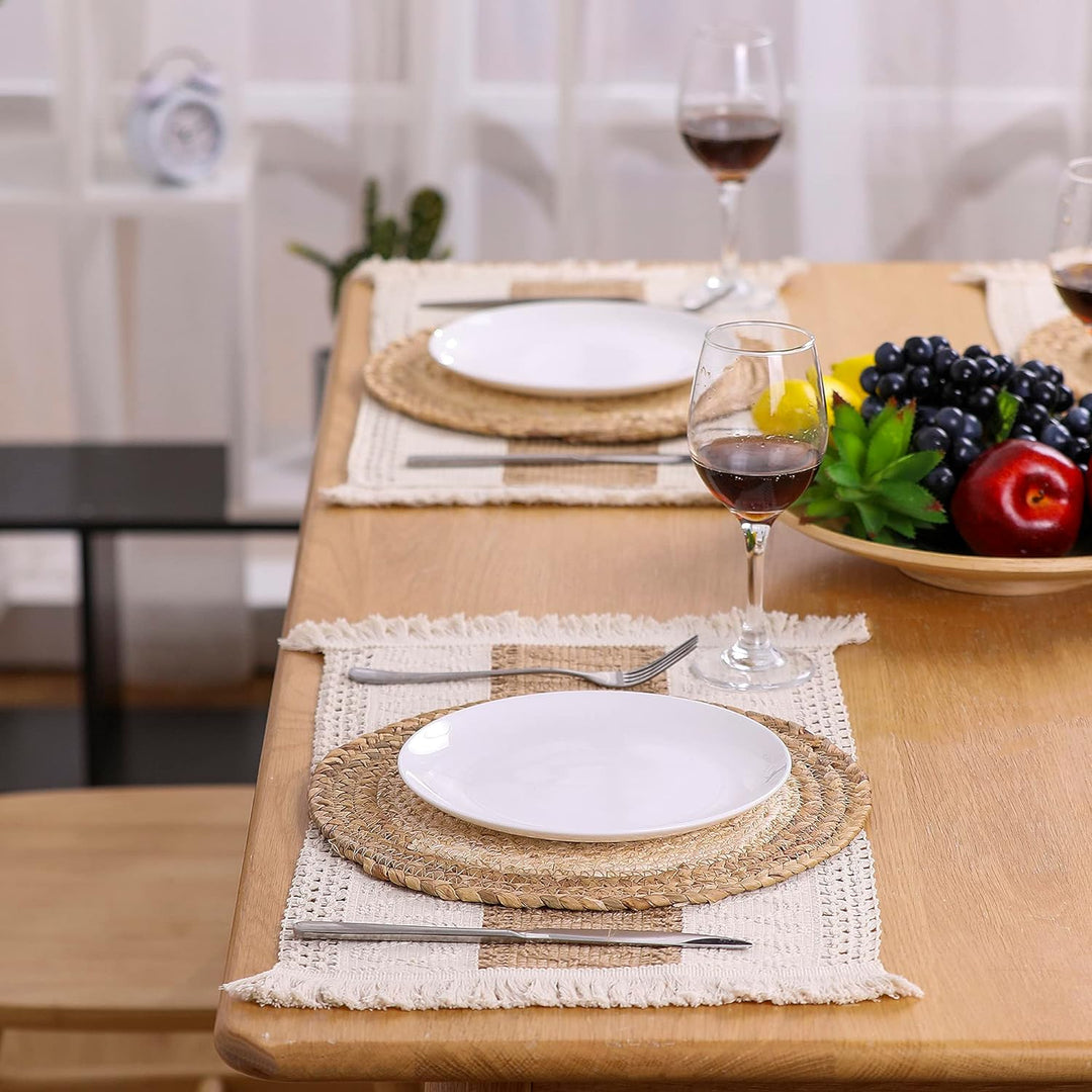 Zology Handgefertigte Boho Tischsets 4er Set - Natürliche Baumwolle Sackleinen und Wasser Stroh Gewe