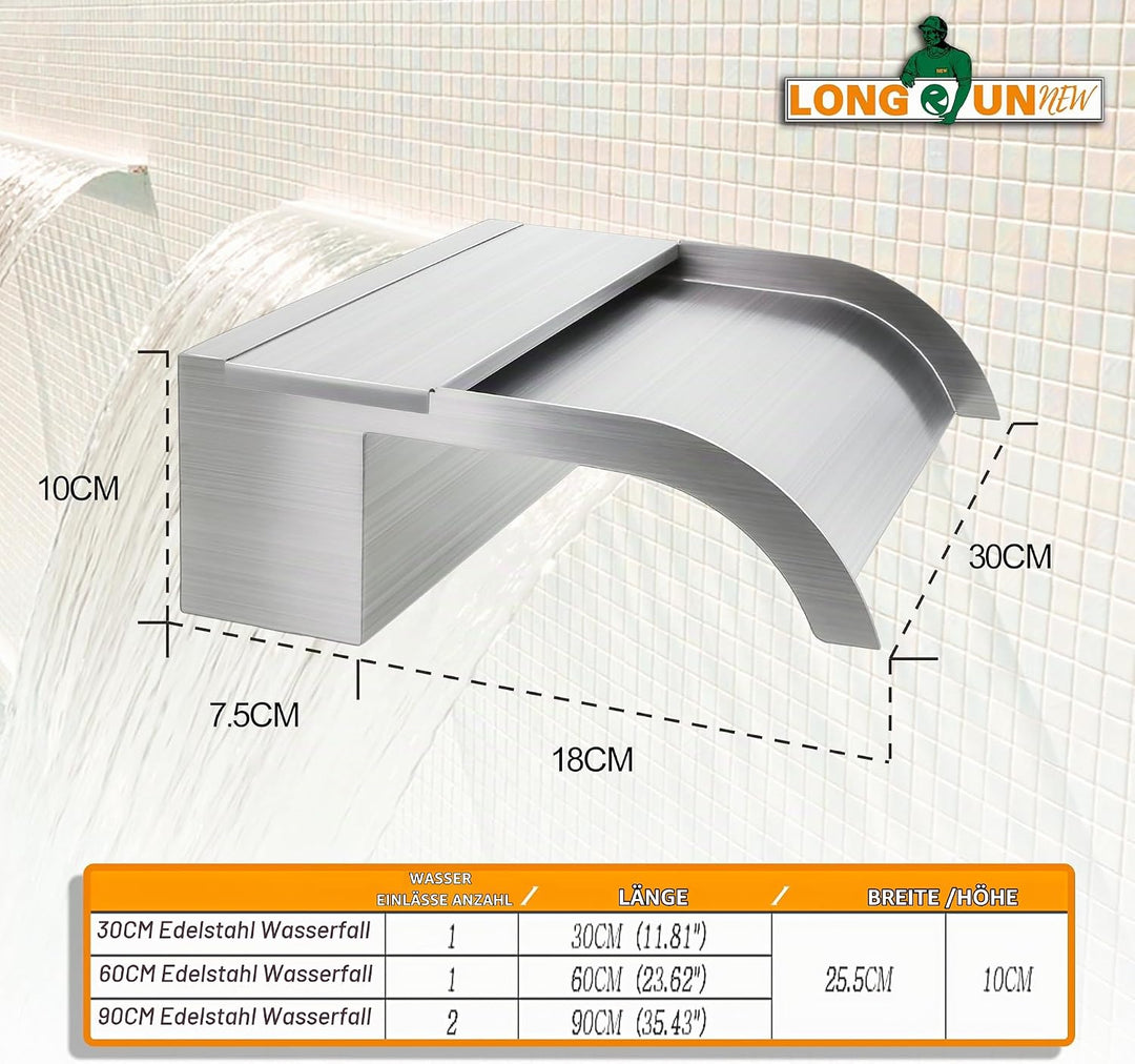 LONGRUNNEW Teich Wasserfallklingen Set, 30 cm Edelstahl Poolfontäne mit Zubehör, Breite 18 cm Geboge