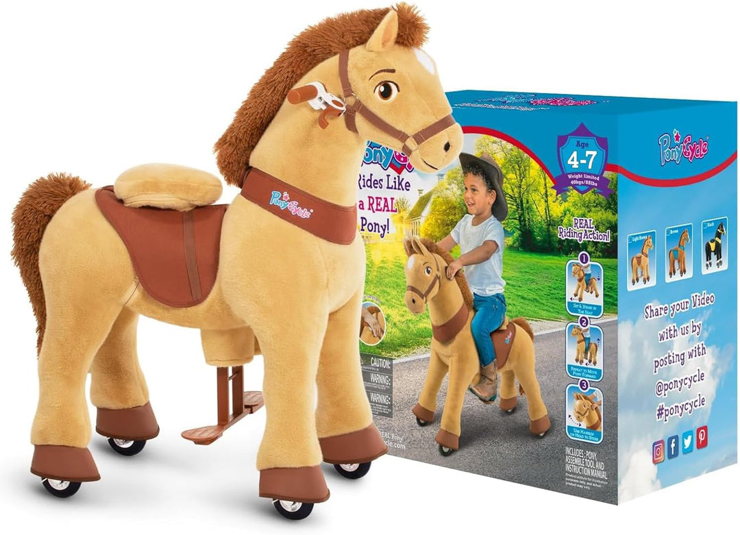 PonyCycle Reitpferd mit Rollen, für Kinder 4–7 Jahre, 90cm Hoch, Plüsch Reitpony mit Handbremse, Sch