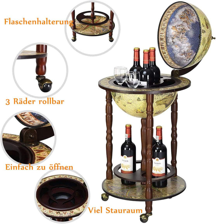 RELAX4LIFE Globusbar mit Rollen, Minibar Massivholz, Weinregal Flaschenregal mit Bodenplatte, Barwag