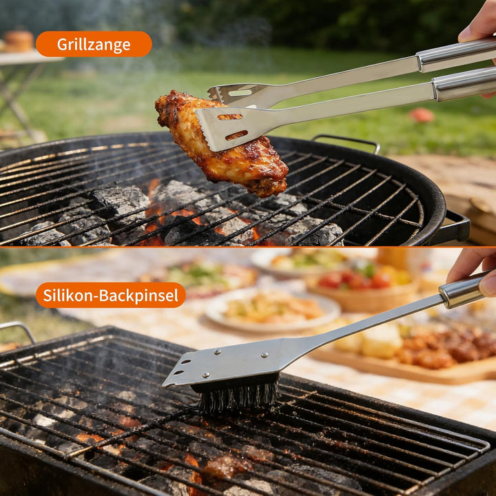 Grillbesteck Set, 20 Stücke Grill Zubehör Set, mit Grillspatel, Grillgabel,Grillzange, Rohrgriff-Ölp