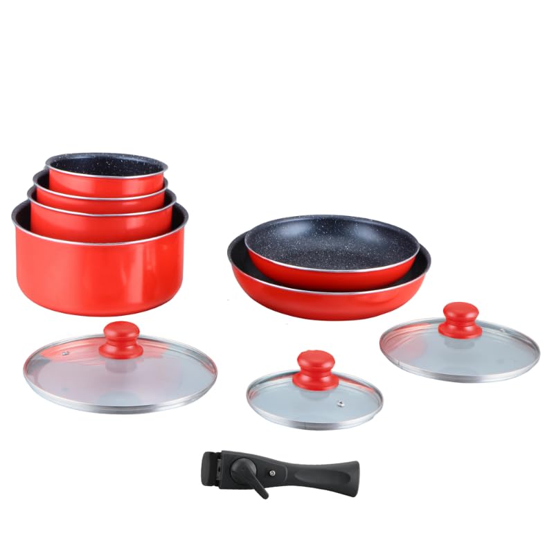 HAGEN, Stone coated cookware, Removable handle, 10 pieces, Red, Non-stick coating, All burners, indu