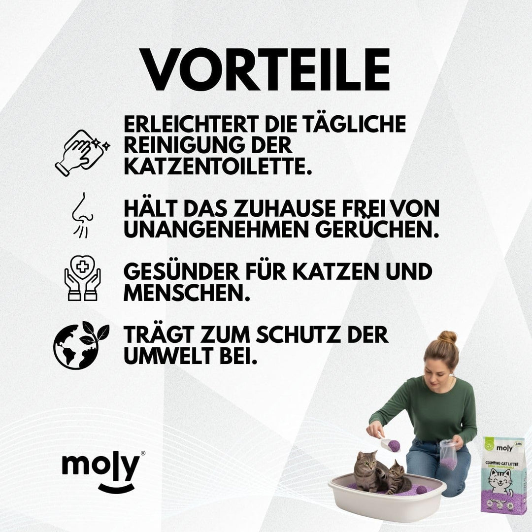 MOLY 2 x Tofu und Lavendel-Katzenstreu, 5,6 kg, 7,4 l, biologisch abbaubar und saugfähig, mit Lavend