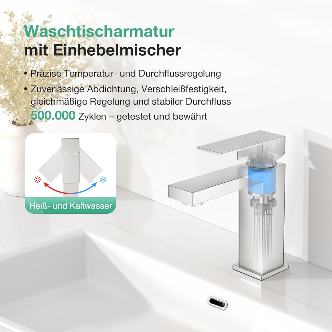 Faustina Waschtischarmatur Bad für Waschbecken eckig mit Pop-Up Ablaufgarnitur, Einhebelmischer Wasc