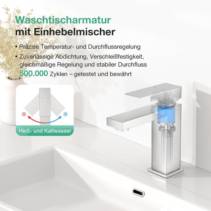 Faustina Waschtischarmatur Bad für Waschbecken eckig mit Pop-Up Ablaufgarnitur, Einhebelmischer Wasc