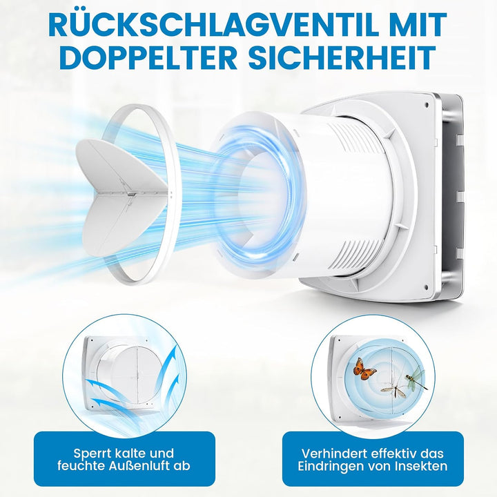 XIIW Badlüfter Ø100mm mit Nachlauf und Rückstauklappe, für Bad WC und Küche | 95m³/h / 12 Watt / 34d