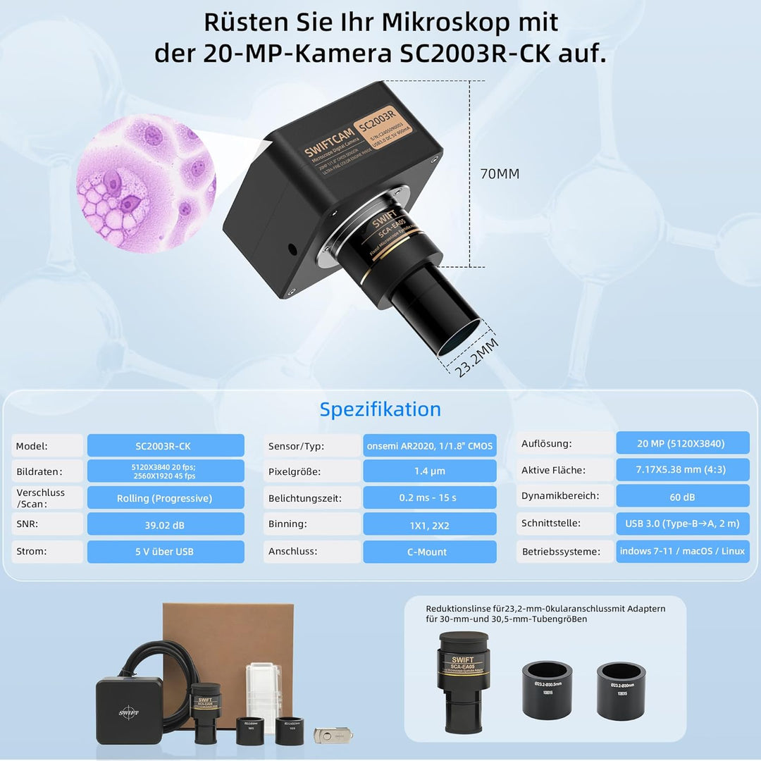 SWIFT Swiftcam SC2003R-CK – 20-MP Kamera für Mikroskope, USB-3.0-Direktkopplung, 0,5× Reduktionsopti