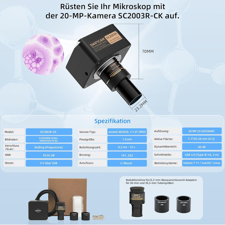 SWIFT Swiftcam SC2003R-CK – 20-MP Kamera für Mikroskope, USB-3.0-Direktkopplung, 0,5× Reduktionsopti