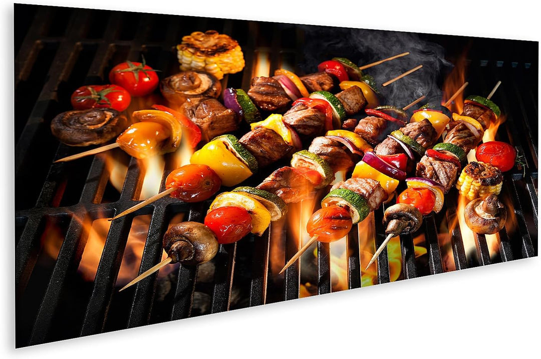 islandburner Bild auf Leinwand Fleischspiesse Gemüse Flammender Grill Grillspiesse Bilder Wandbilder
