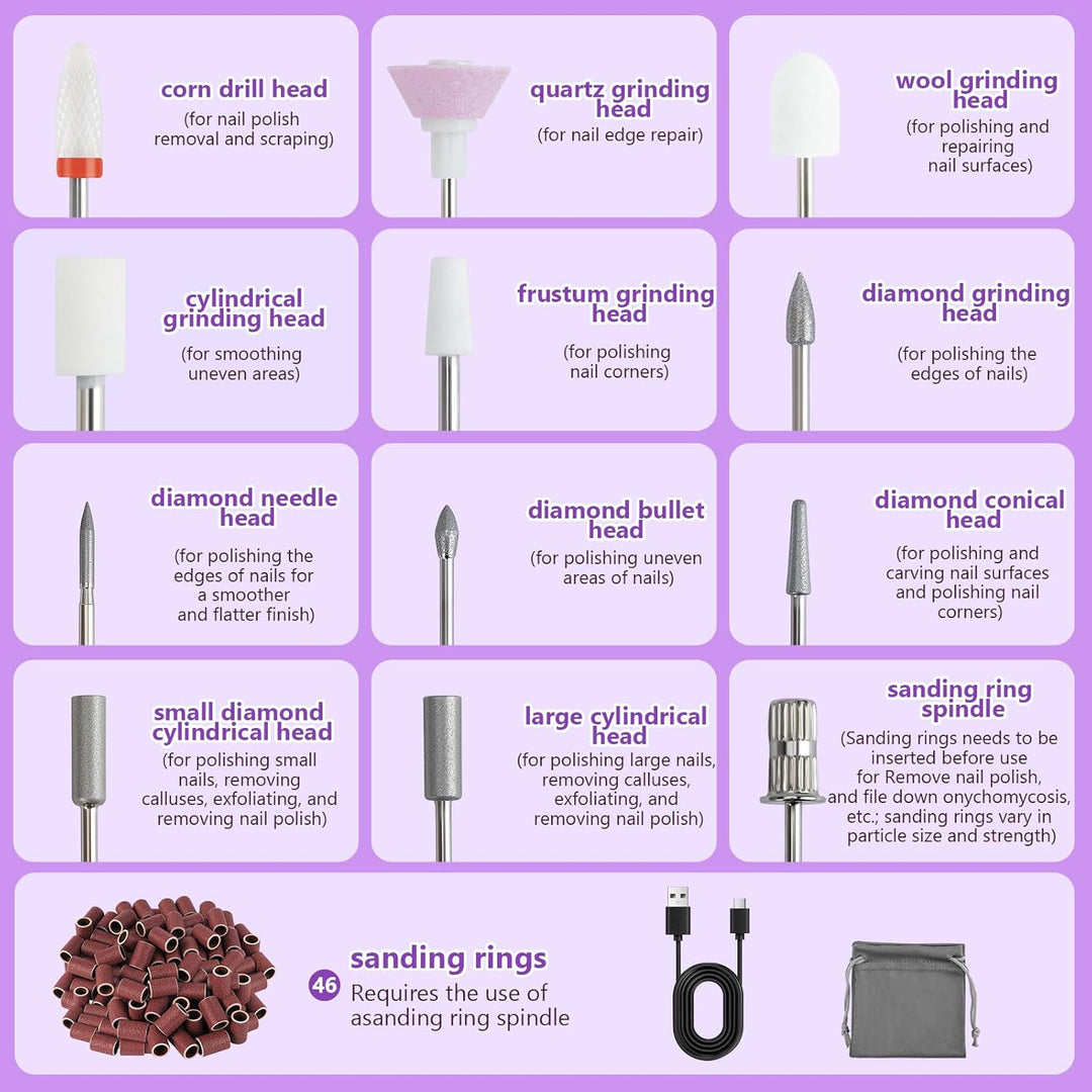 Nagelfräser Kabellos 35000 U/Min Elektrische Nagelfeile, 12 in 1 Fräser Nägel Professionell Nail Dri