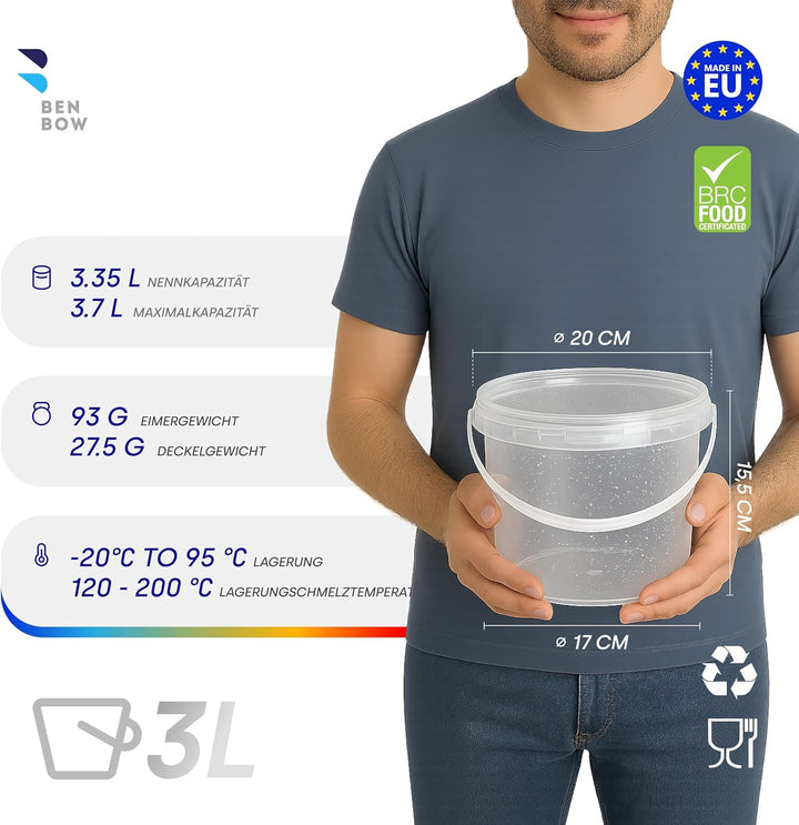 BenBow Eimer mit Deckel 3l transparent 20x 3 Liter - lebensmittelecht, stabil, luftdicht - Plastikei