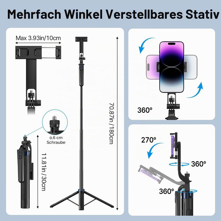 yAyusi Vlogging-Kit für iPhone/Android, 180 cm Ausziehbares Selfie-Stick-Stativ mit Licht, Fernbedie