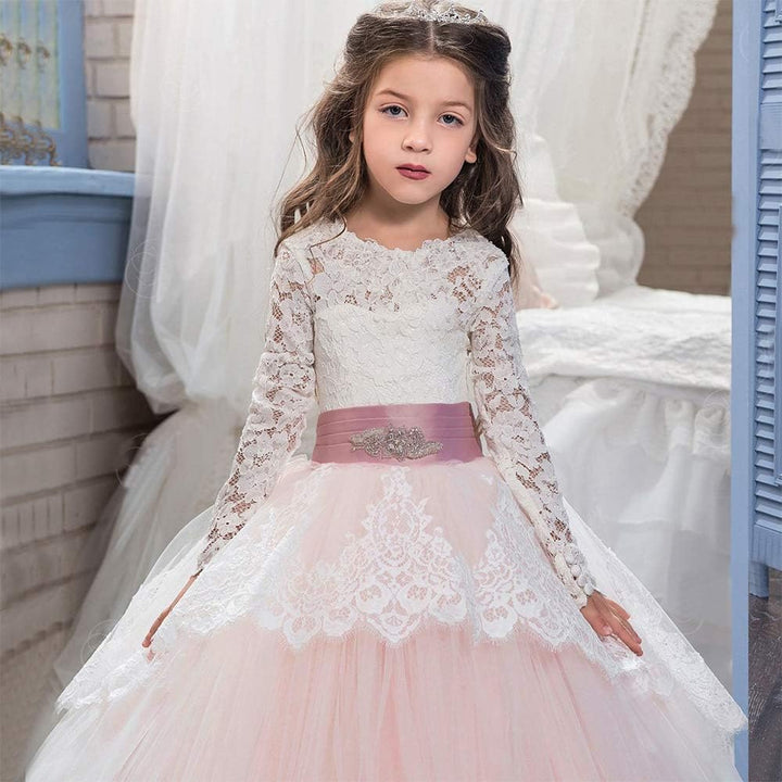 PLWEDDING Spitze Lange Ärmel Blumenmädchen Kleid Prinzessin Tüll Kleid für Kinder Erstkommunion Klei