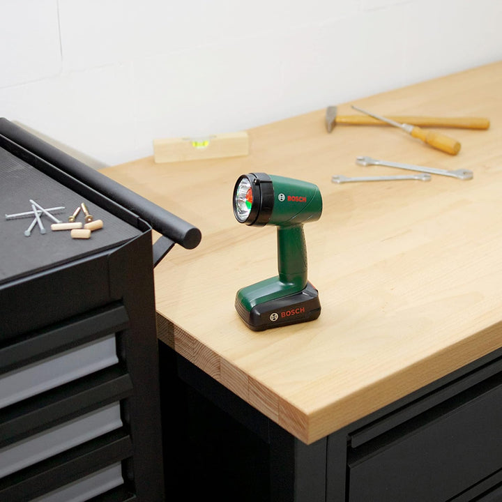 Theo Klein 8448 Bosch Akku-Lampe | Batteriebetriebene Lampe um 90 Grad drehbar | 4 Lichtfarben | Mas
