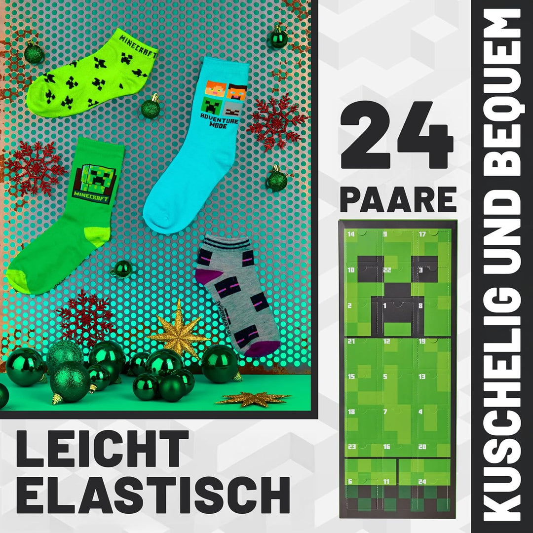 Minecraft Socken Adventskalender 2024 mit 24 Crew Socks - Geschenke für Kinder