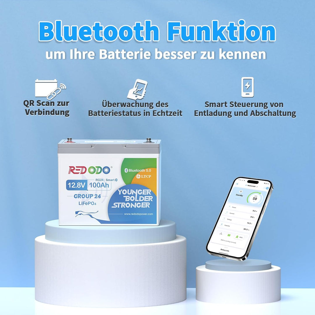 Redodo 12V 100Ah LiFePO4 Batterie mit Bluetooth, 100A BMS, 1280Wh, bis zu 15000 Zyklen, 10 Jahre Leb