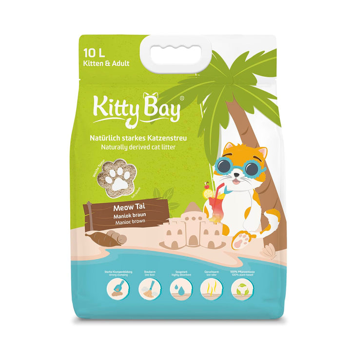 Kitty Bay – Meow Tai – ÖKO Katzenstreu klumpend und staubfrei, 10 Liter Maniok braun 10 L, Maniok br