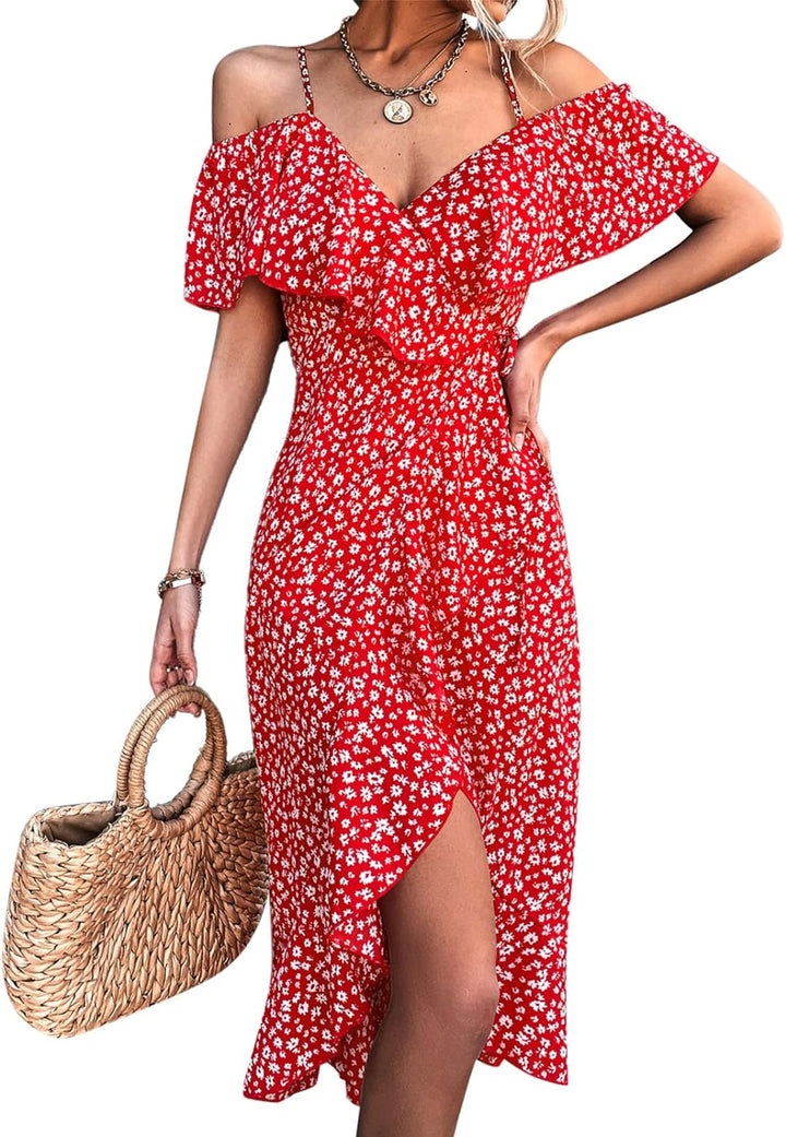 Cocoarm Damen Sommerkleider Blumen Maxi Kleid Off Shoulder Abendkleid Strandkleid Party Schulter Kle