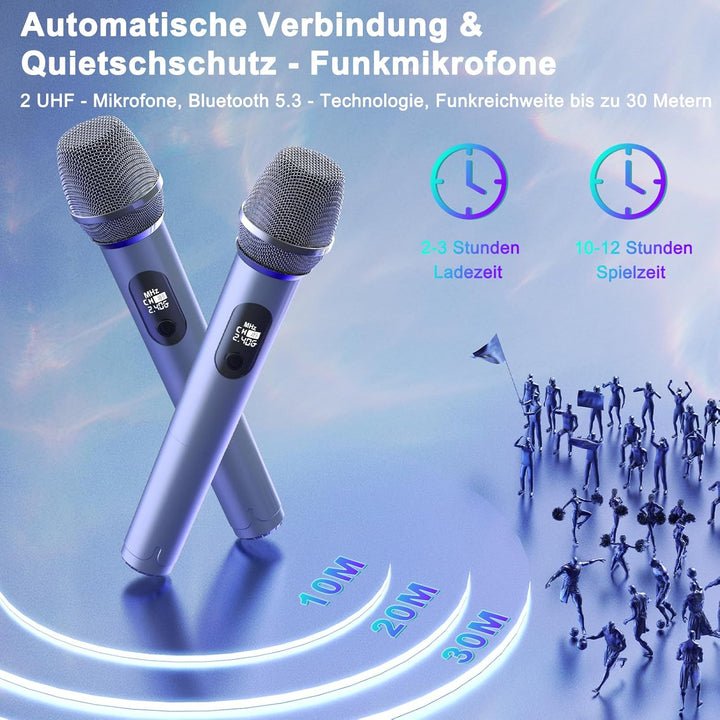 JYX Karaoke Maschine, Karaoke Anlage Mit 2 Mikrofonen, Tragbarer Bluetooth Lautsprecher Mit RGB Lich