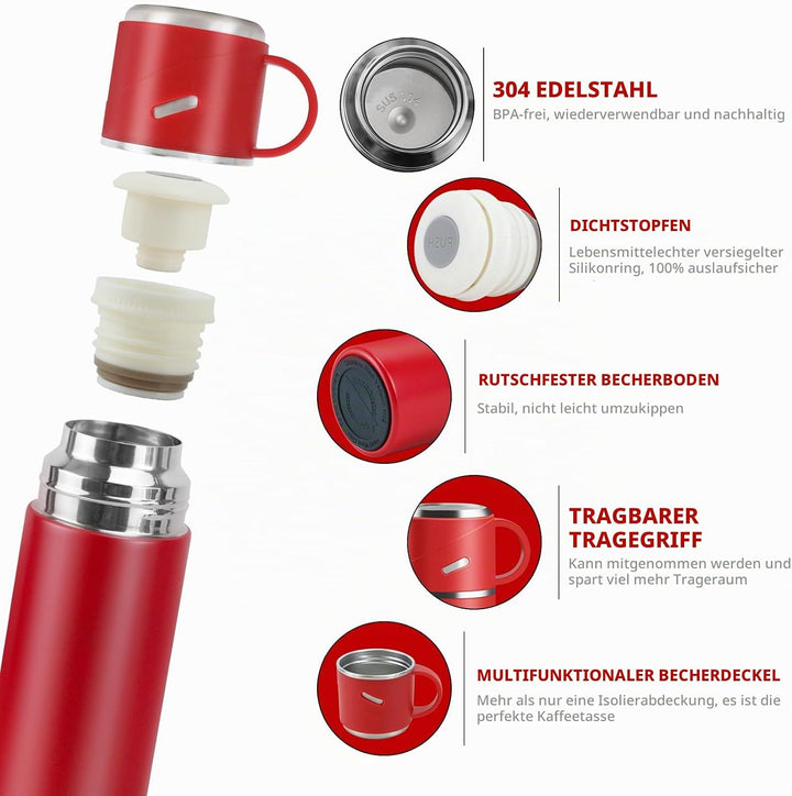 Thermosflasche Edelstahl, Thermoskanne 550ml mit Trinkbecher und Griff, Auslaufsichere Isolierte Tri