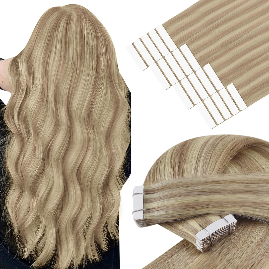 YoungSee Tape Extensions Echthaar Blond 30 cm Echthaar Extensions Tape Blond Glatt Tape in Extension