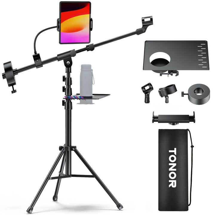 TONOR Mikrofonständer mit Tablet-Halterung, Stativarm für Den Boden, Höhe und Winkel Einstellbar, St